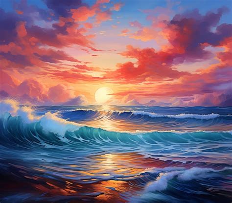 Premium AI Image | Painting of a sunset over the ocean with waves ...