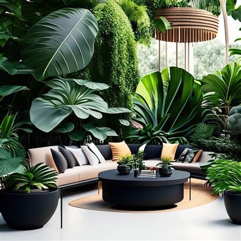 Espacio Zen De Sala De Estar Al Aire Libre Con Plantas Tropicales Y