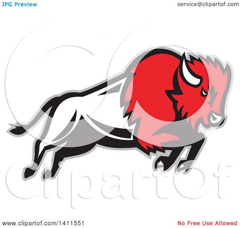 Clipart Of A Retro Charging Red Black And White Buffalo Charging With