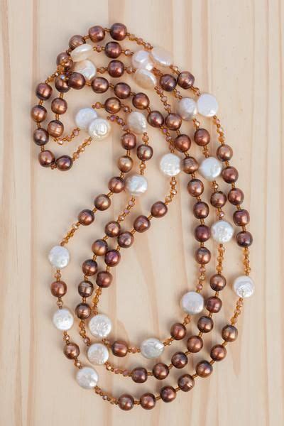 60 Extra Long Beaded Necklace With Brown And Pale Peach Pearls And Cryst Wrap Necklace Beaded