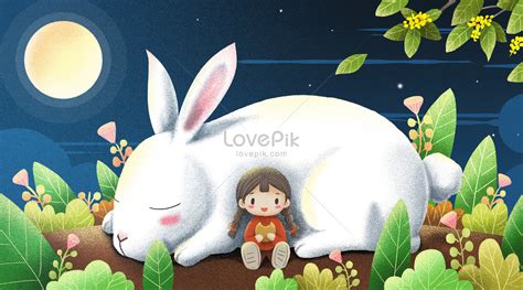 中秋節小女孩和兔子賞月插畫背景圖案素材桌布圖片免費下載 zh lovepik