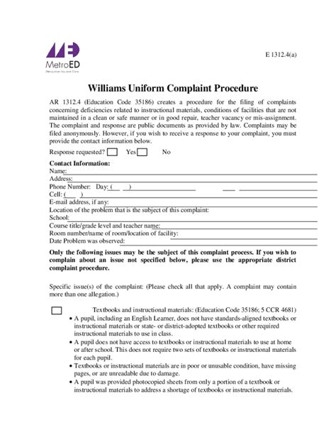 Fillable Online AR 1312 4 A Williams Uniform Complaint Procedures