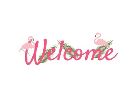 Welcome Sign Pink Flamingos And Text Green Palm Leaves Stock Vector