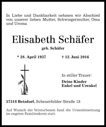 Traueranzeigen von Elisabeth Schäfer rz trauer de