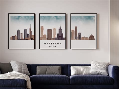 Plakat skylines TRYPTYK Warszawa zestaw 3 plakatów w stylu Watercolor