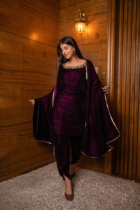 Women S Wine Velvet Dhoti With Hand Work Label Shaurya Sanadhya