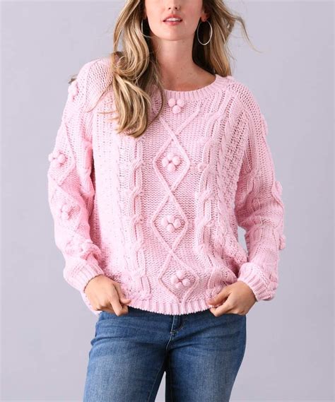 Pink Pom Pom Accent Cable Knit Sweater Women And Plus Cable Knit Sweater Womens Cable Knit