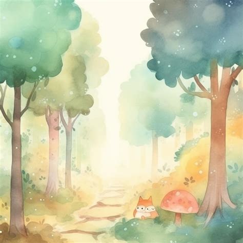 Uma Pintura Em Aquarela De Uma Cena De Floresta Uma Raposa E Um