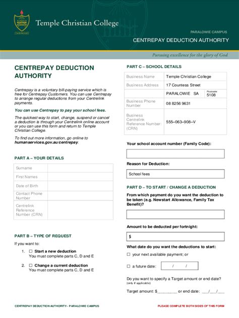 Fillable Online Tcc Sa Edu Centrepay Set Up Deductions Services