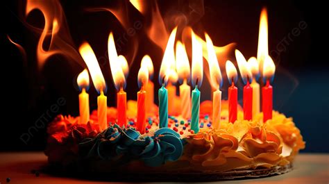 Birthday Cake Decorated With Colorful Lit Candles While It Has Flames