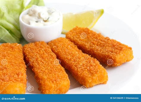 Golden Fried Fish Fingers With Lemon And Tartar Sauce Stock Image