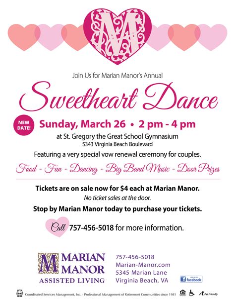 Sweetheart Dance -This Sunday, March 26th 2pm-4pm - Marian Manor