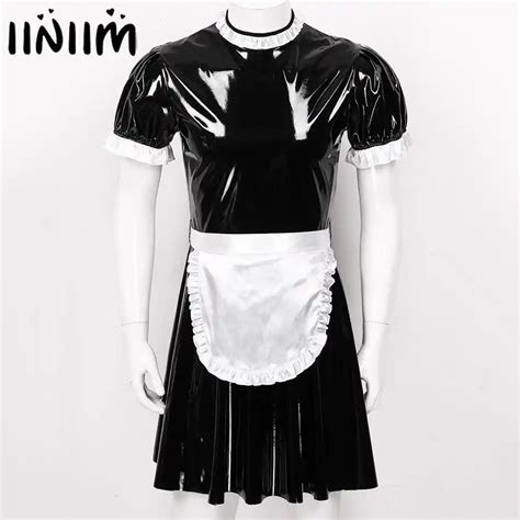 Mens Sexy Sissy Maid Fancy Cosplay Costume Outfit Turn Down Collar Puff Sleeve Front Button Down