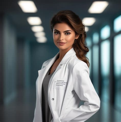 Premium AI Image A Woman Wearing A White Lab Coat With A Name Tag On It