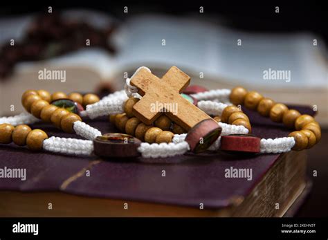 Holy Rosary On Bible With Customizable Space For Religious Text Or