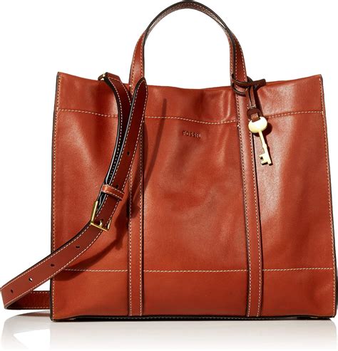 Fossil Womens Carmen Leather Shopper Tote Handbag Brandy Handbags