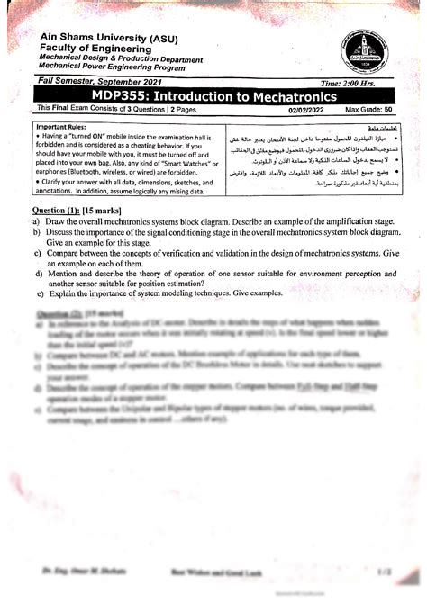 Solution Introduction To Mechatronics Final Exam 2021 2022 Studypool