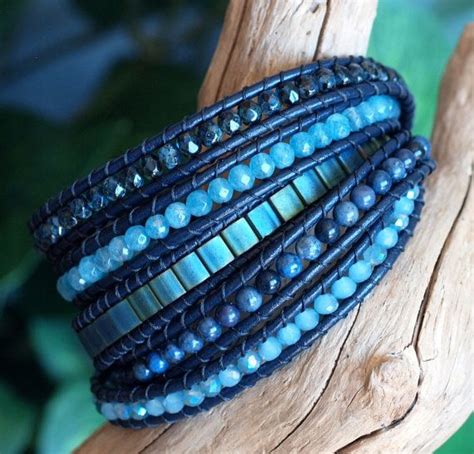 Blue Beaded Leather Five Wrap Bracelet Gemstone And Tila Bead Leather