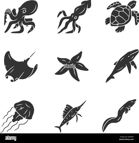 Sea Animals Glyph Icons Set Swimming Octopus Starfish Jellyfish