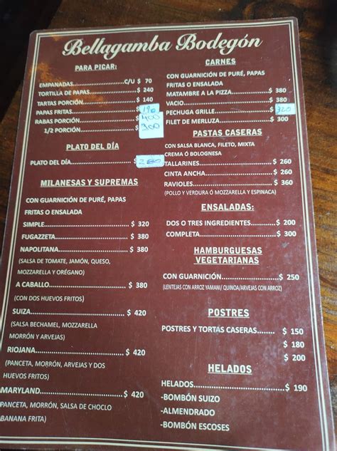 Carta del restaurante Bellagamba bodegón Buenos Aires Av Directorio 551