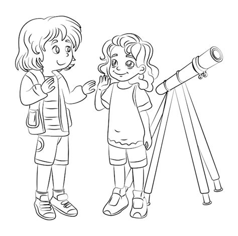 Page De Coloriage De Vecteur Joyeux Petite Fille Et Garçon Astronomes