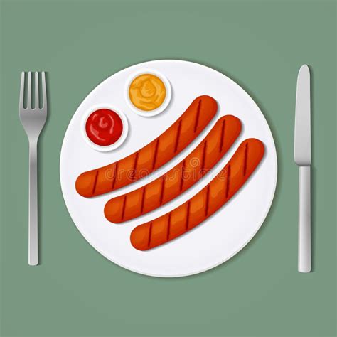 Three Grilled Sausages With Ketchup And Mustard On A White Plate Stock