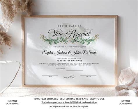 Vow Renewal Certificate Editable Printable Wedding Certificate