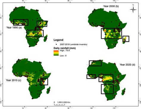 Distribution of daily rainfall (mm) in Africa over the years 1990 (a ...