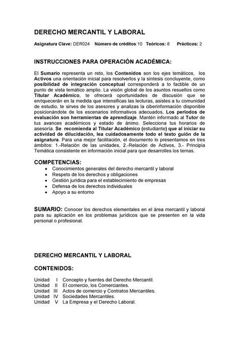 Contenidos Por Unidad De Derecho Mercantil Y Laboral Studocu