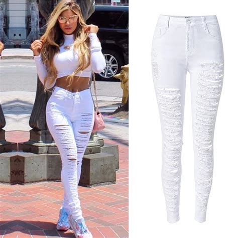 Womens High Waist Slim Fit Skinny Ripped Cut Hole Denim Jeans White