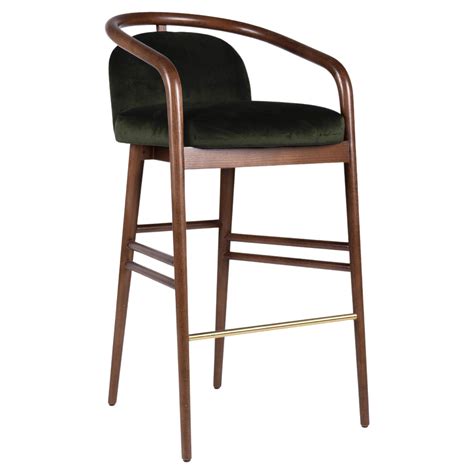 Modern Emerald Green Velvet Bar Stool With Walnut Base For Sale At