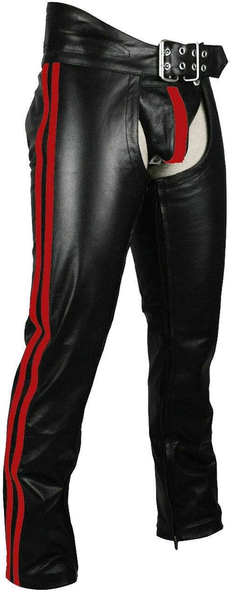 Men S Real Bikers Cowhide Leather Gay Chaps Red Stripes Amazon Ca