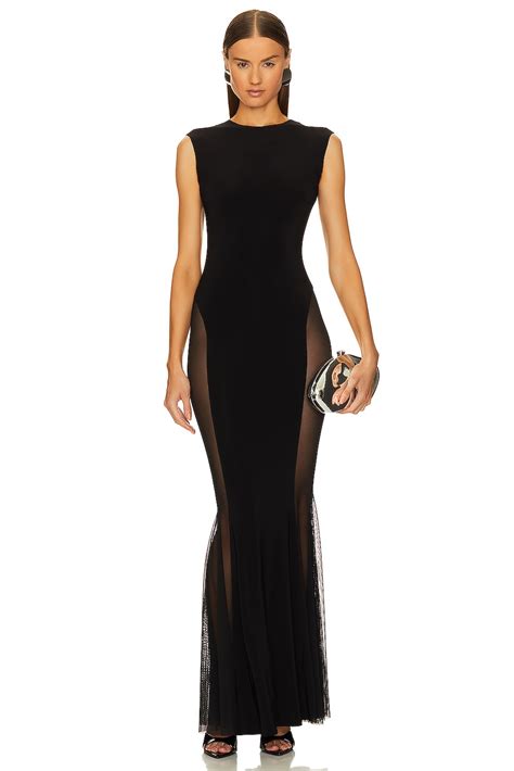 Norma Kamali Sleeveless Crewneck Fishtail Gown With Mesh Sides In Black