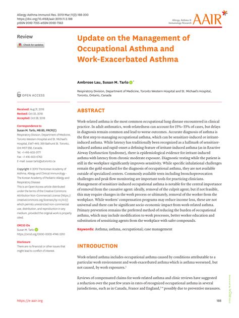 Pdf Update On The Management Of Occupational Asthma And Work