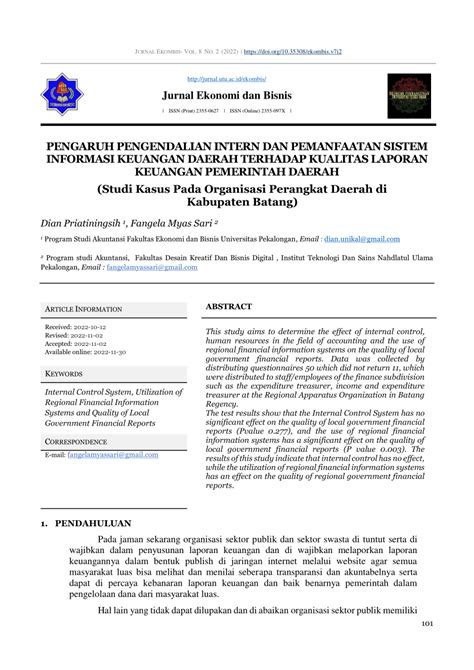 Pdf Pengaruh Pengendalian Intern Dan Pemanfaatan Sistem Informasi