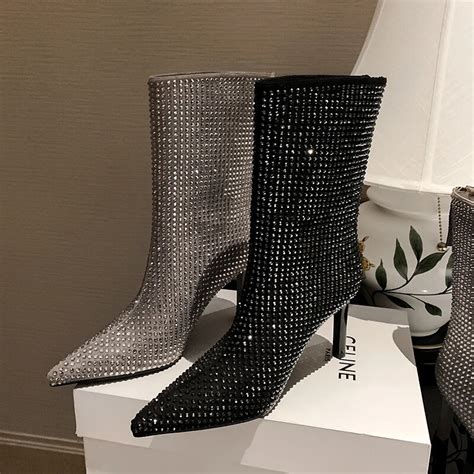 Mulheres Sexy Strass Meados De Bezerro Botas Stiletto Bling Festa