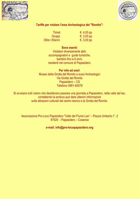 Pdf Tariffe Per Visitare L Area Archeologica Del Romito Museo Della