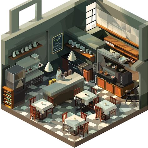 Vector Isometric Low Poly Restaurant With Kitchen Vetor Premium