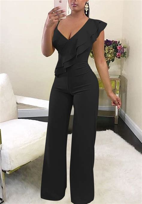 Black Ruffle Asymmetric Shoulder Elastic Waist Long Jumpsuit