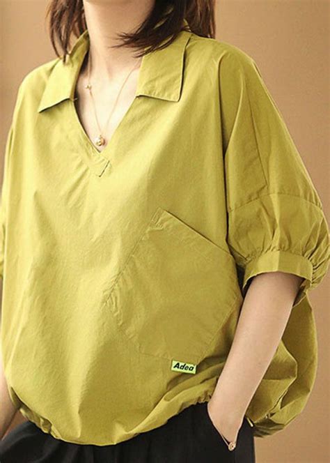 Women Yellow V Neck Patchwork Cotton Loose Shirt Tops Short Sleeve Short Tops Loose Shirts