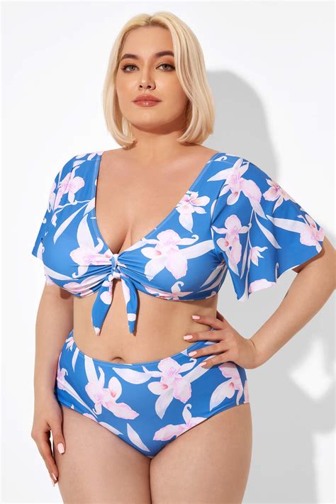 Blue Flower Print Bow V Neck Bikini Top Meet Curve Meet Curve