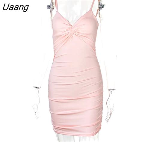 Uaang Sexy Low Chest V Neck Kink Thin Solid Color Pleated Backless Nightclub Tank Mini Dress Hot