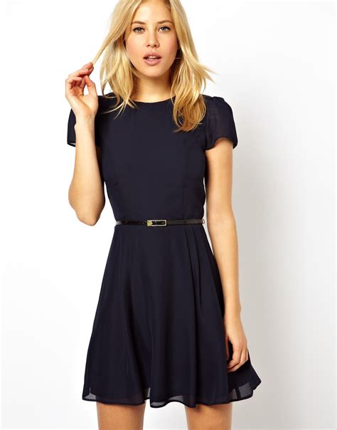 Asos Skater Dress With Short Sleeves And Belt In Navy Blue Lyst