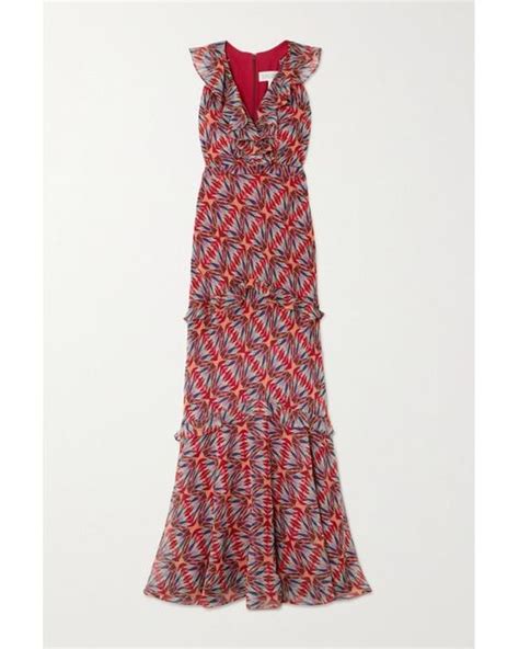 Saloni Rita Ruffled Printed Silk Crepe Maxi Dress In Red Lyst