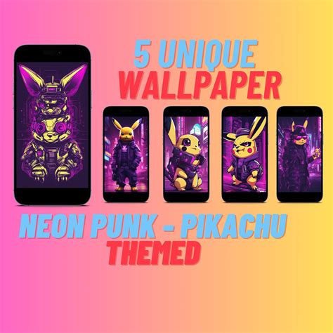 Pikachu Wallpaper 5 Pcs Pokemon Pikachu Neon Punk Themed Etsy