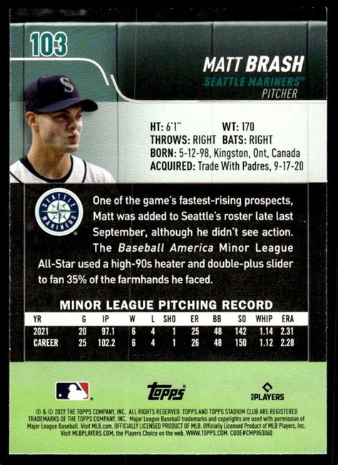 2022 Topps Stadium Club Matt Brash Rookie Seattle Mariners 103 EBay