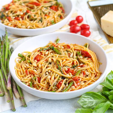 Italian American Recipes Roasted Tomato Pasta With Asparagus Parmesan Basil And Pine Nuts