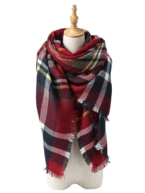 Womens Fall Winter Scarf Classic Tassel Plaid Scarf Warm Soft Chunky