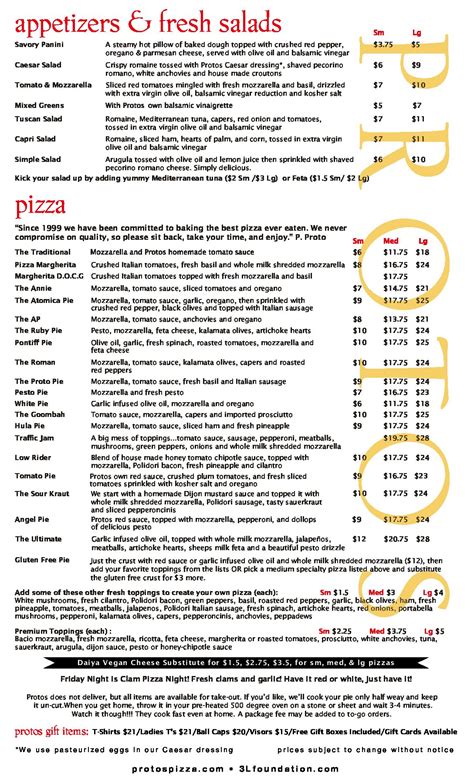 Menu Denver Proto S Pizzeria Napoletana