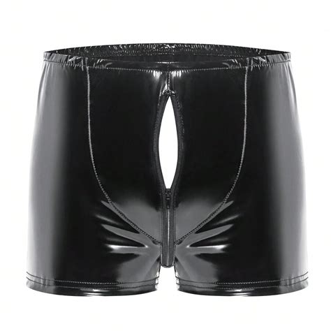 Syhzlz Men Sexy Below Open Crotch Leather Boxer Shiny Pu Leather